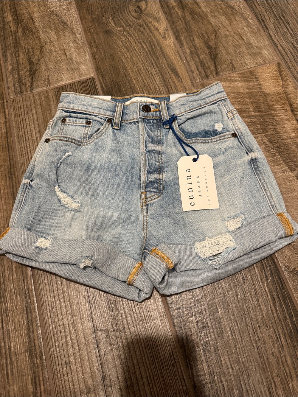 eunina Light Wash Rolled Cuff Distressed Denim Shorts - XS